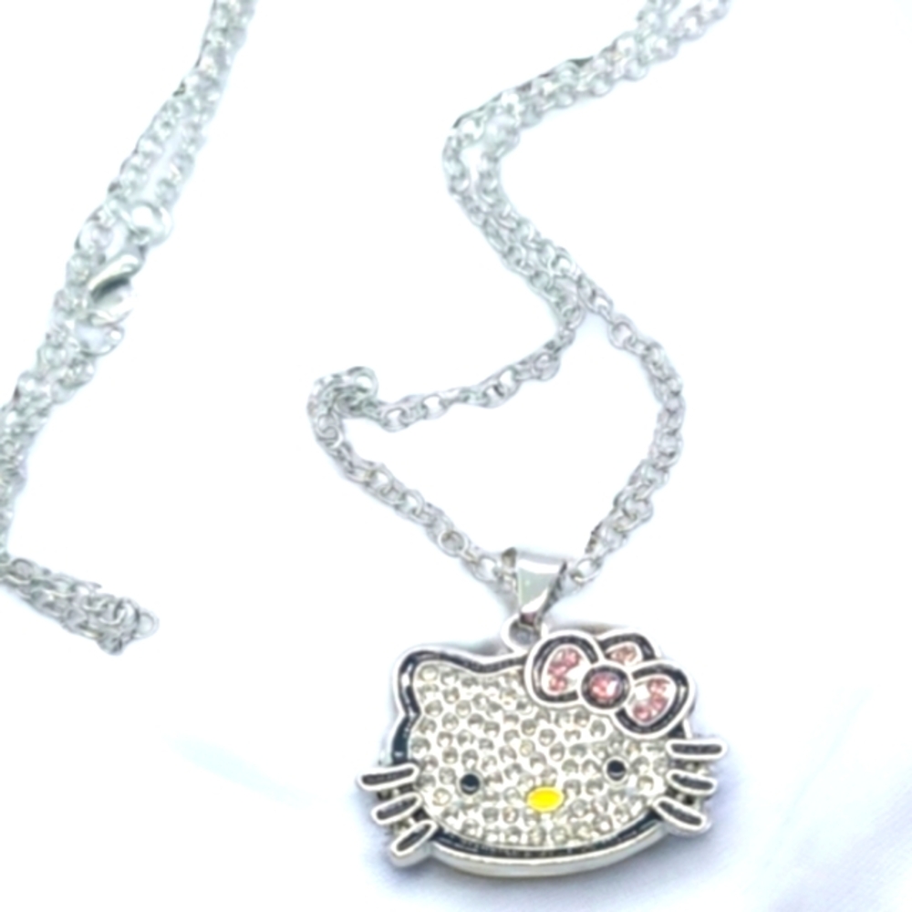 Hello Kitty Necklace Silver Crystal charm Necklace on approx 16-20" chain NEW